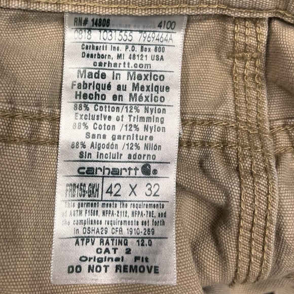 Carhartt Pants FR Carpenter Beige Khaki Brown Original Fit Mens 42 x 32 - Picture 15 of 16